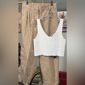 NWT House of Harlow 1960 Cream Cropped V-Neck Knit Tank Cotton Barrel Crop Pants